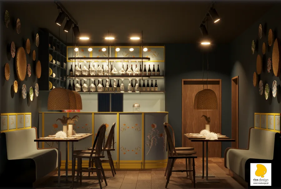 Gallery: render showing restaurant interior from entrance perspective with full spatial depth and cultural decoration layers