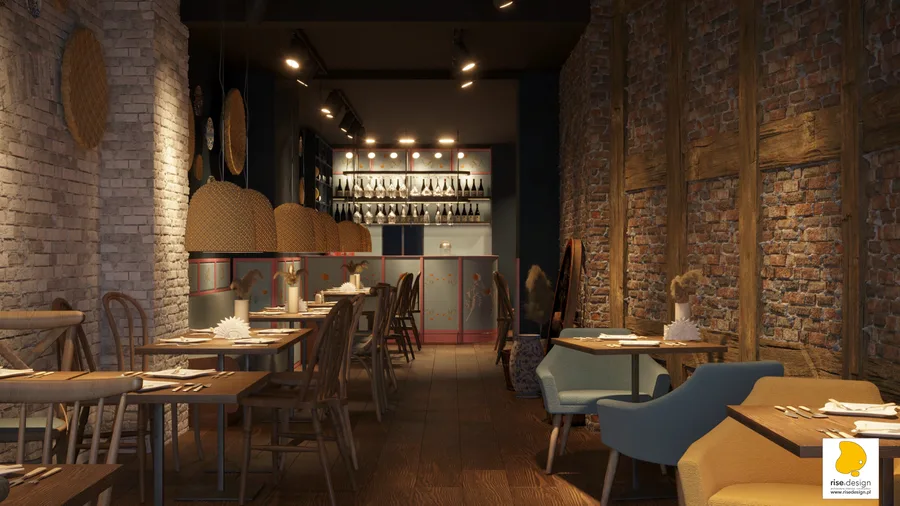 Gallery: visualization showing dining room with exposed brick and timber framing, folk art panels, and bar as visual terminus