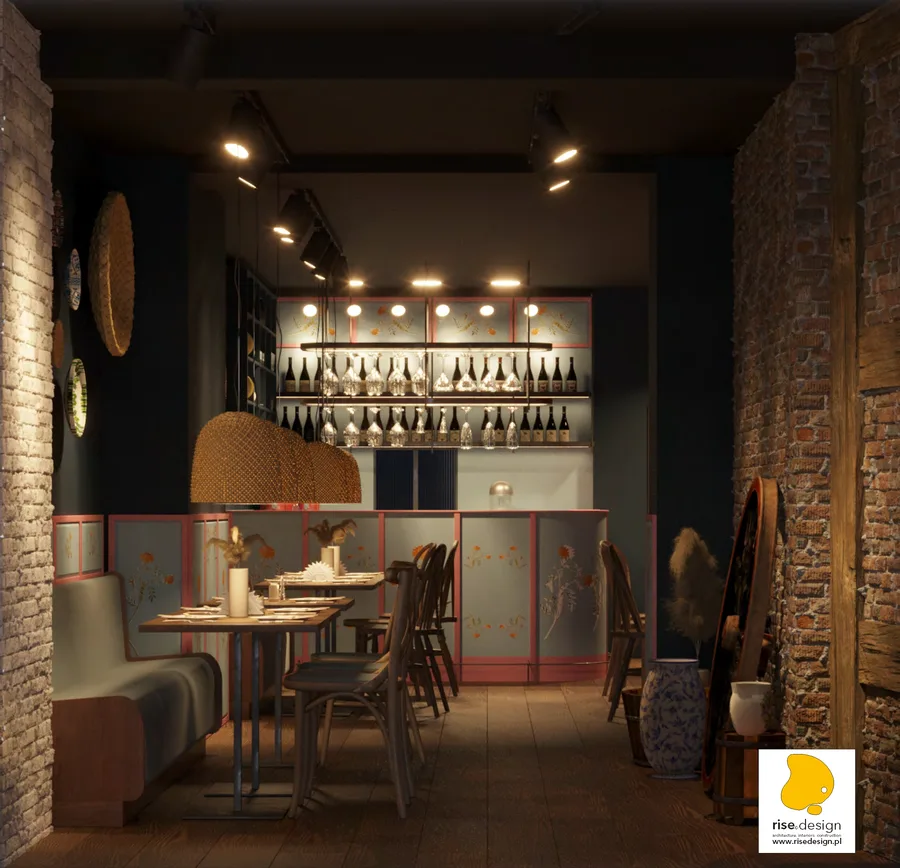 Gallery: visualization showing cultural identity details with woven wicker discs, ceramic plates, and teal accent wall
