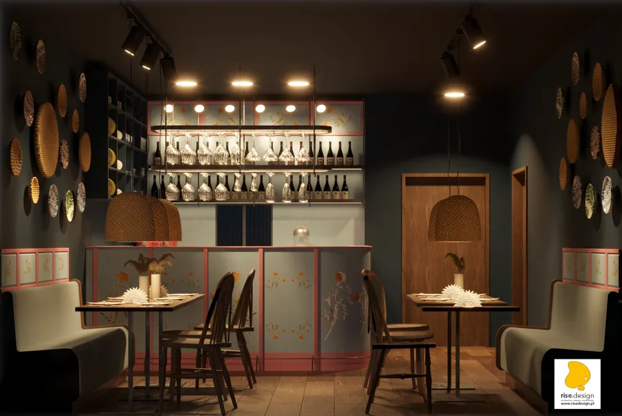 Gallery: visualization showing bar zone symmetrical composition with folk art panels flanking counter and bottle display wall