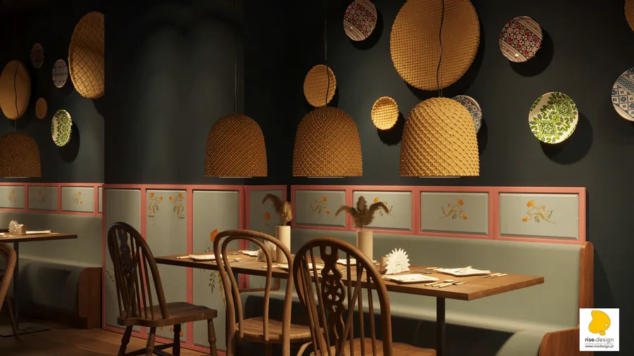 Hero: restaurant interior visualization showing dining room with exposed brick walls, folk art panels, woven pendant lamps, and atmospheric warm lighting