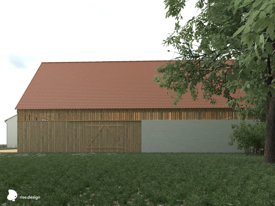 Stable daytime render showing barn-silhouette wedding hall clad in impregnated oak boards with glass orangery