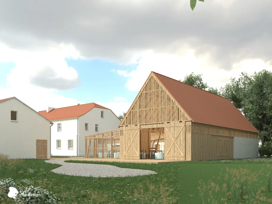 Stable daytime render from approach angle showing three-volume composition with ceramic tile gable roof