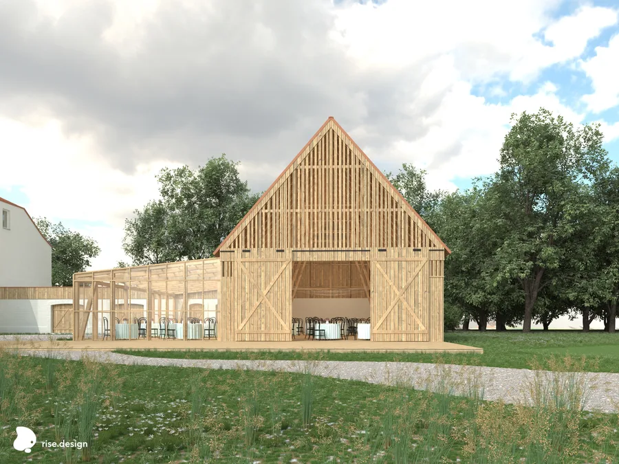 Stable courtyard render showing all three interconnected volumes with oak-clad hall and white service wing