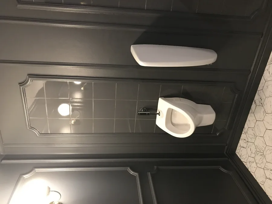 Restroom detail showing wall tile pattern and sanitary fittings