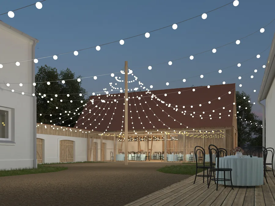 Stable night exterior render with festoon string lights between oak-clad wedding hall and courtyard
