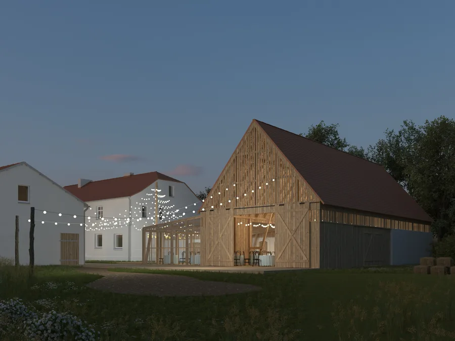 Stable night courtyard render with festoon lighting, dining tables, and timber barn behind