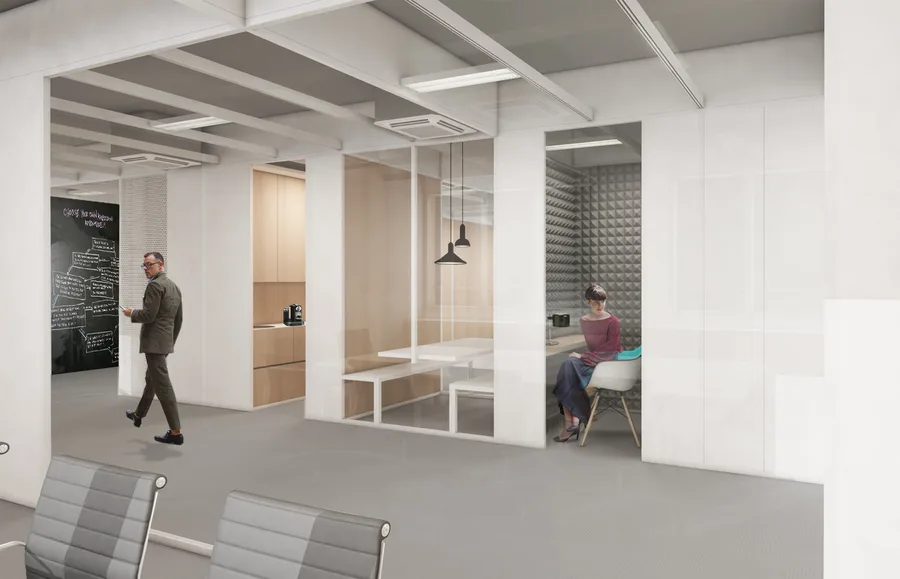Interior: low-angle perspective through glass-partitioned pods showing collaborative seating, pendant lighting, natural light from windows, and contemporary work zones in series