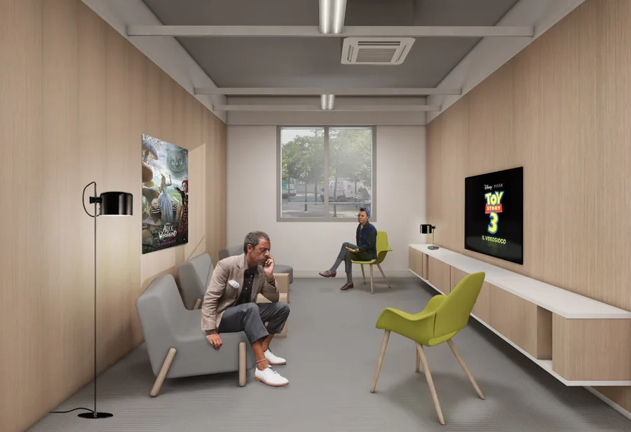 Interior: enclosed office meeting pod in warm hemlock wood with seated figures, portrait artwork on walls, window looking out, and modern seating at intimate scale