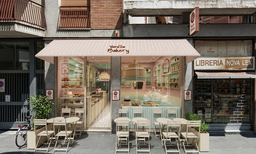 Exterior: completed storefront on Via San Siro with white-and-pink striped awning, Vanilla Bakery script signage, full-height oak-framed glazing, and outdoor cafe seating with white Chiavari chairs