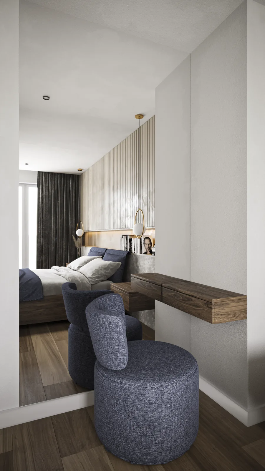 Master bedroom vanity corner render with full-height floor mirror reflecting the bed, denim blue round velvet ottoman, walnut floating console with drawers