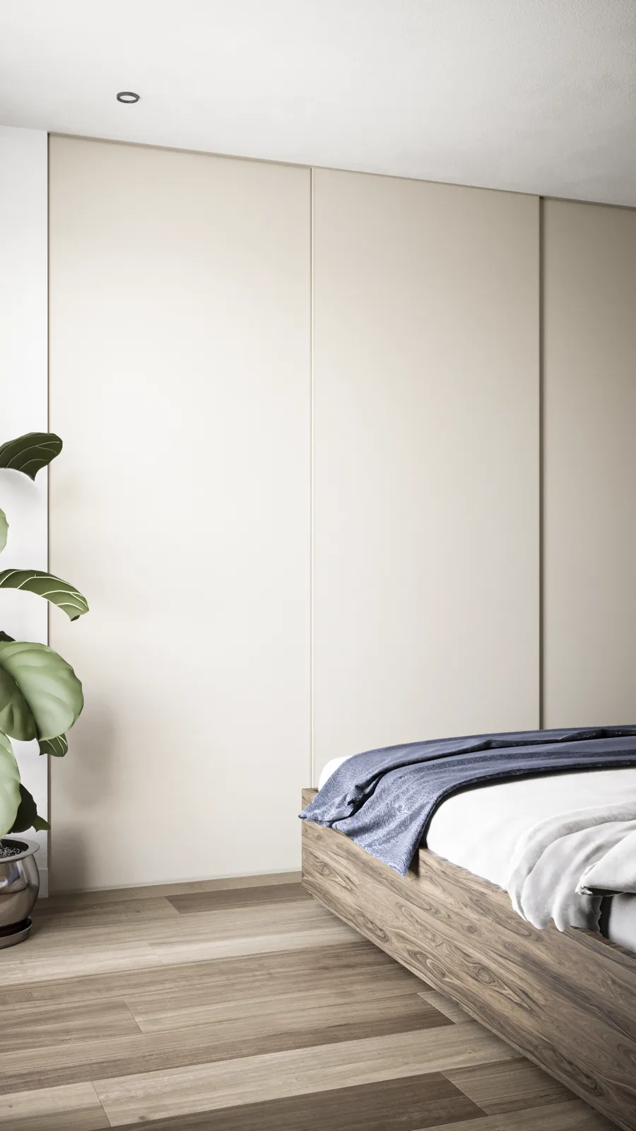 Master bedroom wardrobe wall render showing three-panel floor-to-ceiling matte cream sliding doors, walnut bed platform edge, fiddle-leaf fig plant in metallic pot