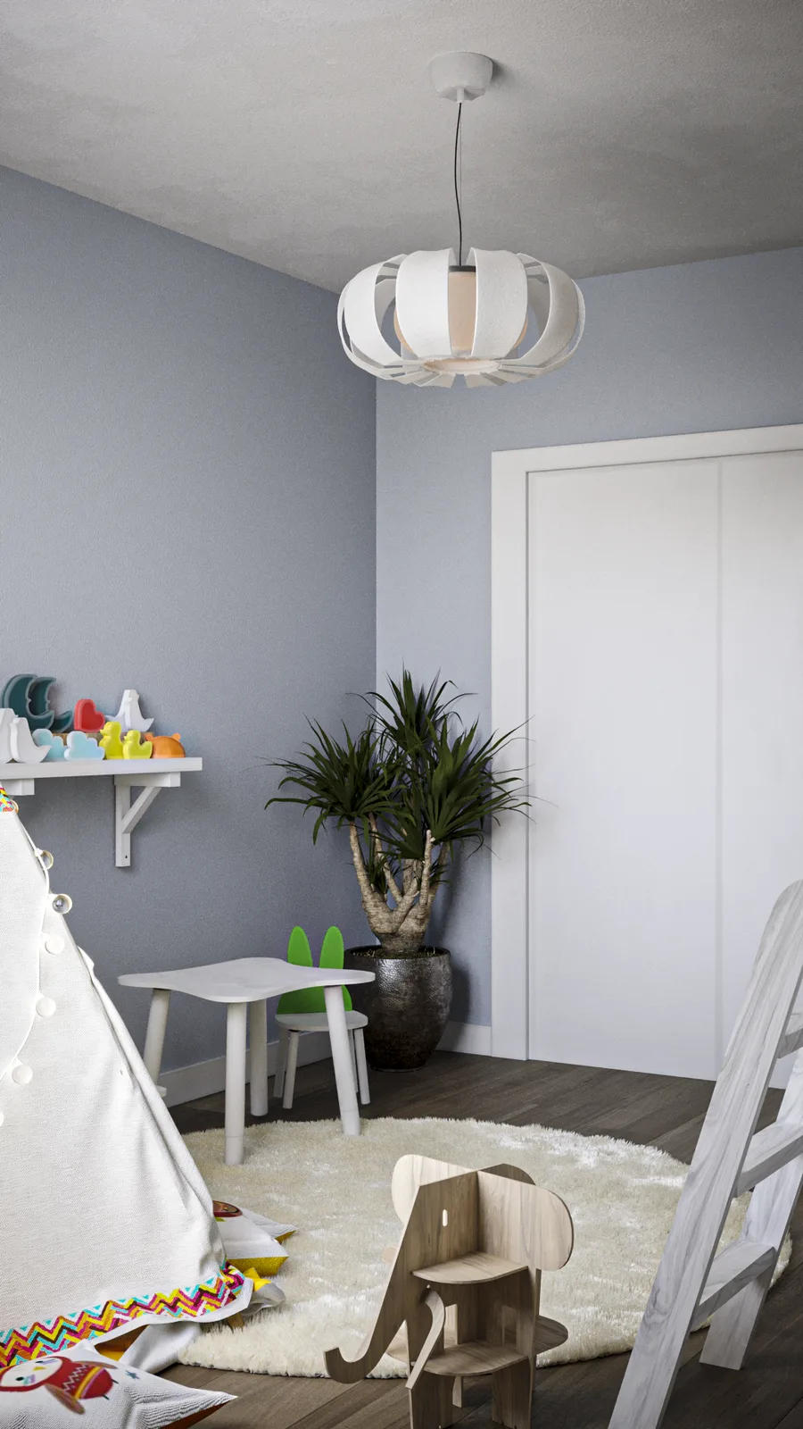 Children's playroom render with dusty blue walls, white canvas teepee corner, colourful toy shelf, small white table and chairs, wooden rocking elephant, sheepskin rug