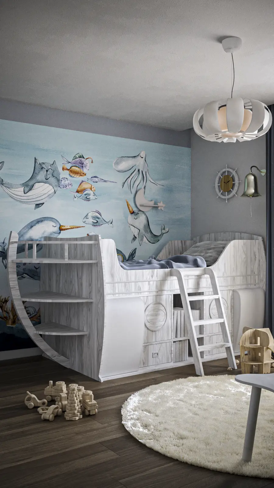 Children's bedroom render with custom ship-shaped loft bed, underwater ocean adventure mural with whales and fish, white ladder, nautical theme, and petal pendant light