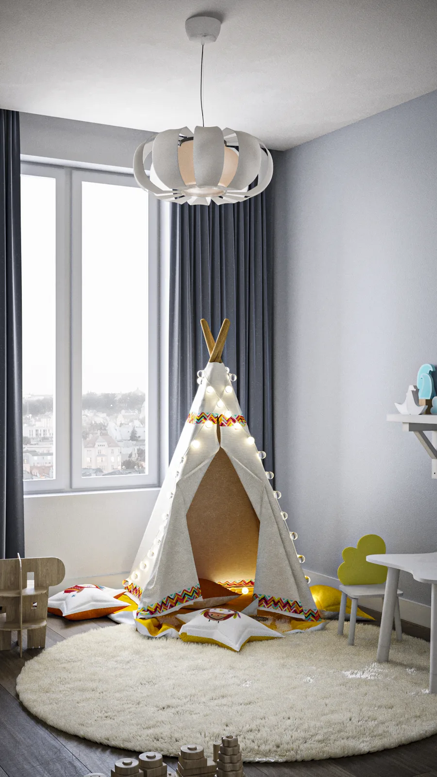 Children's room teepee render with fairy string lights, dusty blue curtains, panoramic city view through window, round sheepskin rug, petal pendant light above