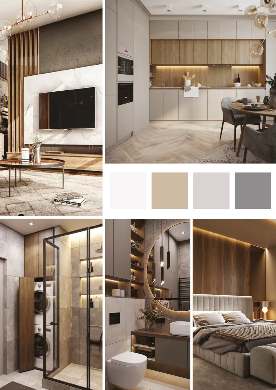 Moodboard Direction 1 Warm Contemporary showing walnut slat TV wall, oak kitchen with marble backsplash, spa bathroom with glass shower, upholstered bedroom, warm neutral colour swatches