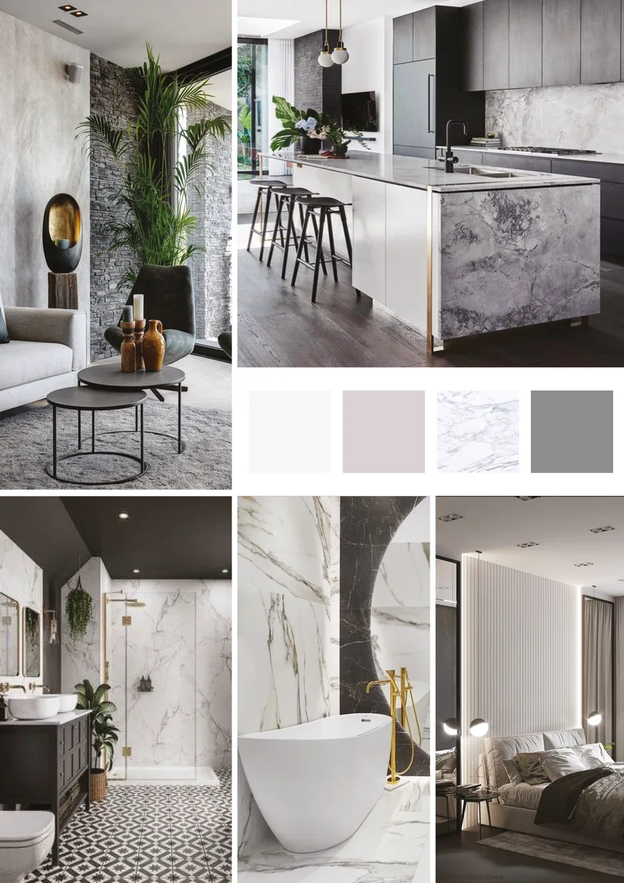 Moodboard Direction 2 Cool Contemporary showing stacked stone walls, dark charcoal kitchen with black marble island, dramatic bathroom with Calacatta marble, grey palette swatches