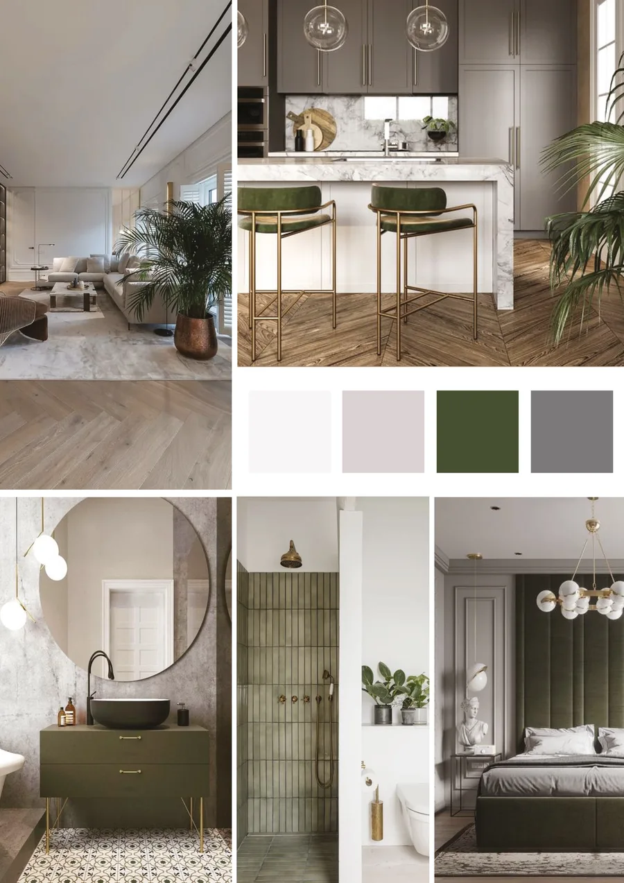Moodboard Direction 3 Green and Grey showing forest green velvet bar stools, brass fixtures, green subway tile shower, olive green bedroom, herringbone timber floor, green-grey swatches