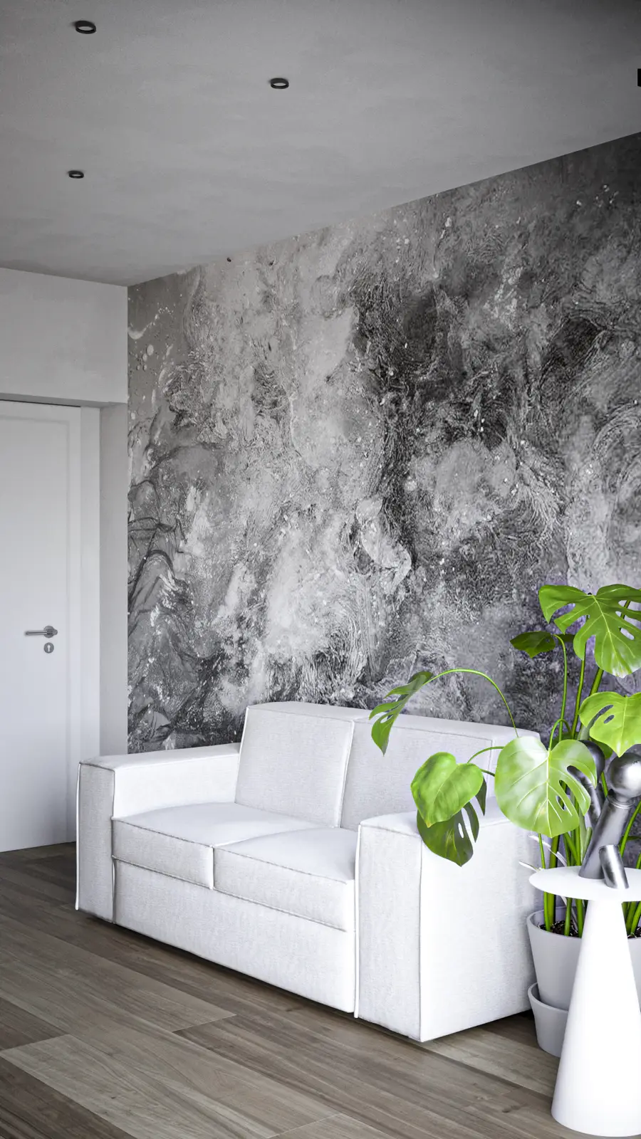 Hallway render with dramatic floor-to-ceiling abstract grey mural wallpaper, white loveseat, Monstera deliciosa plants in white ceramic planters, white flush interior door
