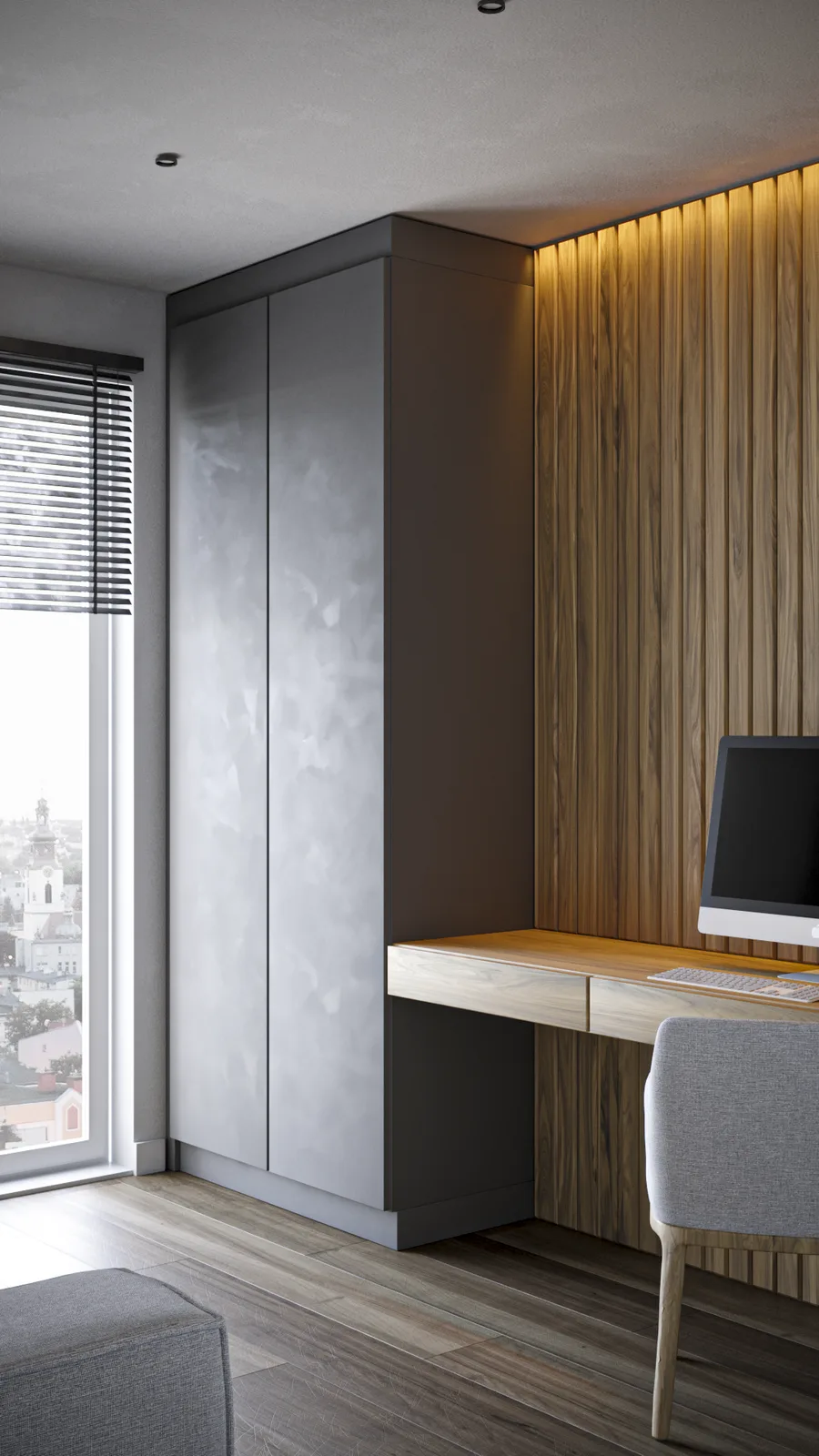 Home office side angle render showing dark grey microcement wardrobe flanking walnut slat desk wall, charcoal Venetian blinds, panoramic city view through window