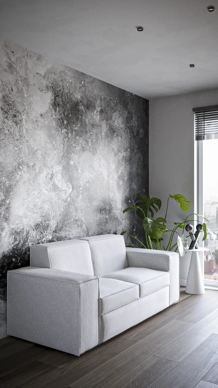 Hallway second angle render showing abstract grey mural, white loveseat, hourglass pedestal side table, silver modern figurine on pedestal, dark espresso hardwood floor