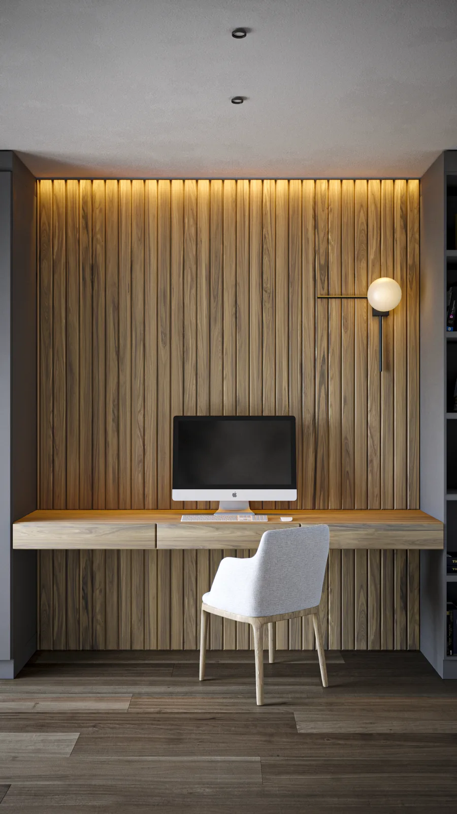 Home office frontal render with zebrawood desk surface, full-height walnut slat wall with LED cove lighting, globe wall sconce, iMac workstation, grey upholstered chair