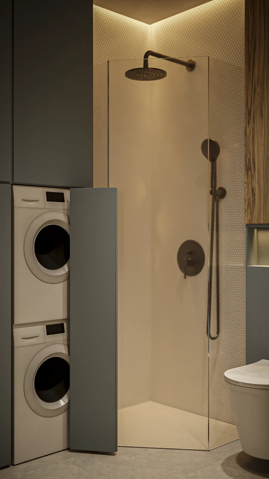 Utility bathroom shower zone render with stacked washer and dryer in grey cabinet, curbless walk-in shower with penny-round mosaic tiles, dark bronze rain showerhead and thermostatic valve
