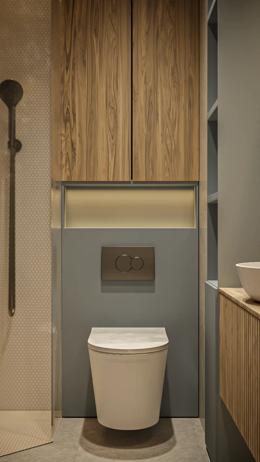 Utility bathroom toilet render with wall-hung WC, dark bronze concealed dual flush plate, zebrawood veneer cabinet above, illuminated LED niche, open shelving to the right