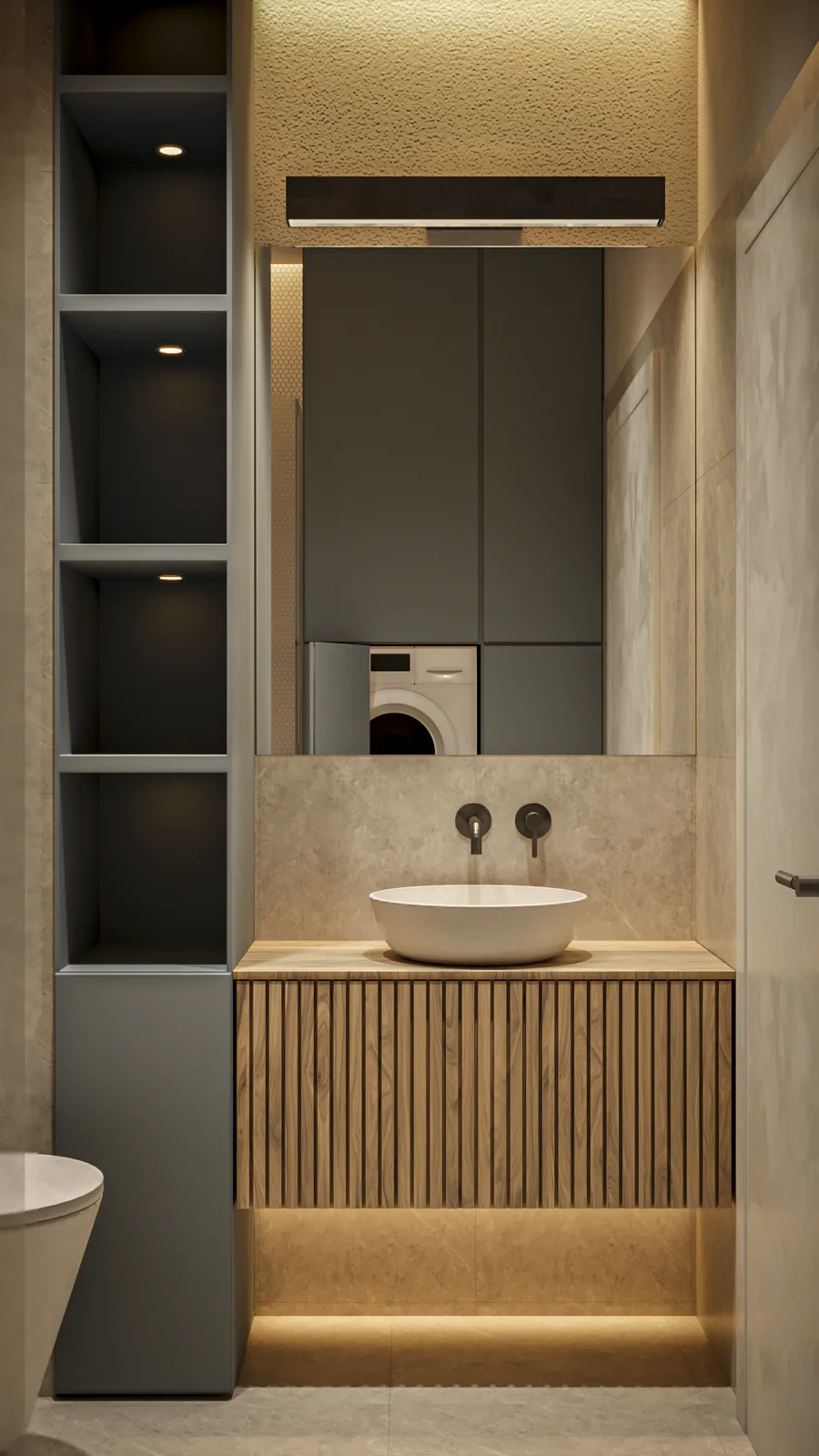 Utility bathroom vanity render with reeded wood cabinet front, white round vessel basin, rectangular mirror reflecting laundry zone, horizontal bar light, warm LED under-vanity glow