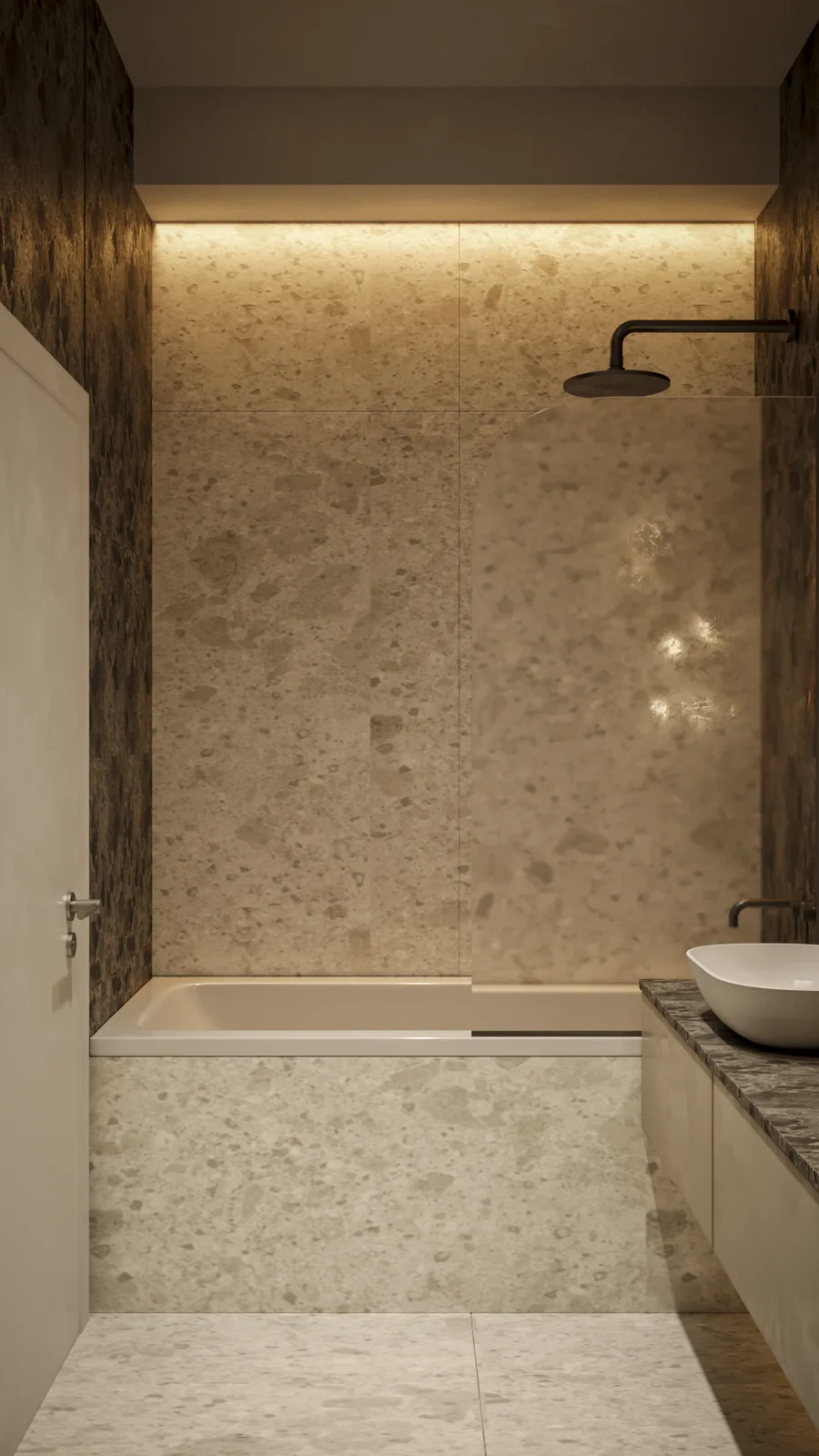 Main bathroom bathtub render with emperador dark stone walls, warm beige terrazzo surround, black rainfall showerhead, LED cove light at ceiling, and white vessel basin edge