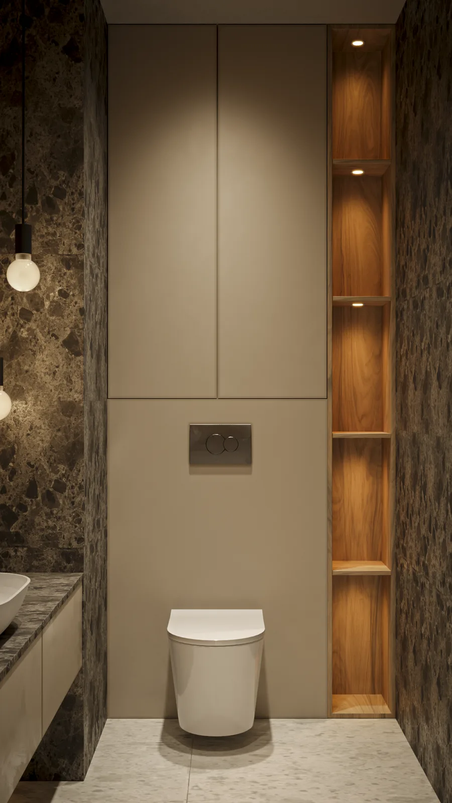 Main bathroom toilet zone render with emperador dark stone walls, matte beige concealed cistern cabinet, vertical illuminated walnut shelving niche with five individually lit shelves