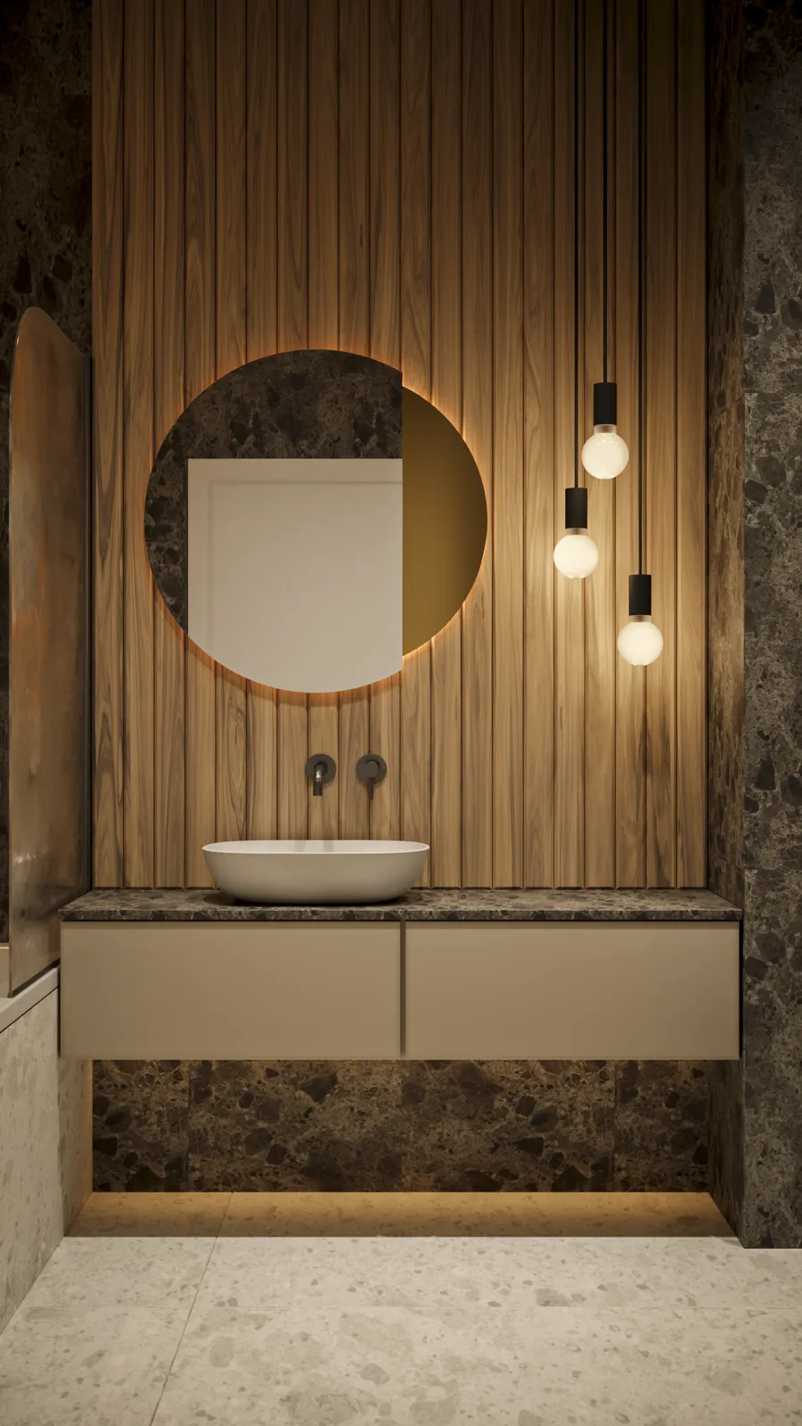 Main bathroom vanity render with walnut slat wall, round backlit mirror with warm LED halo, triple staggered globe pendant lights, emperador dark stone surfaces, and floating matte vanity