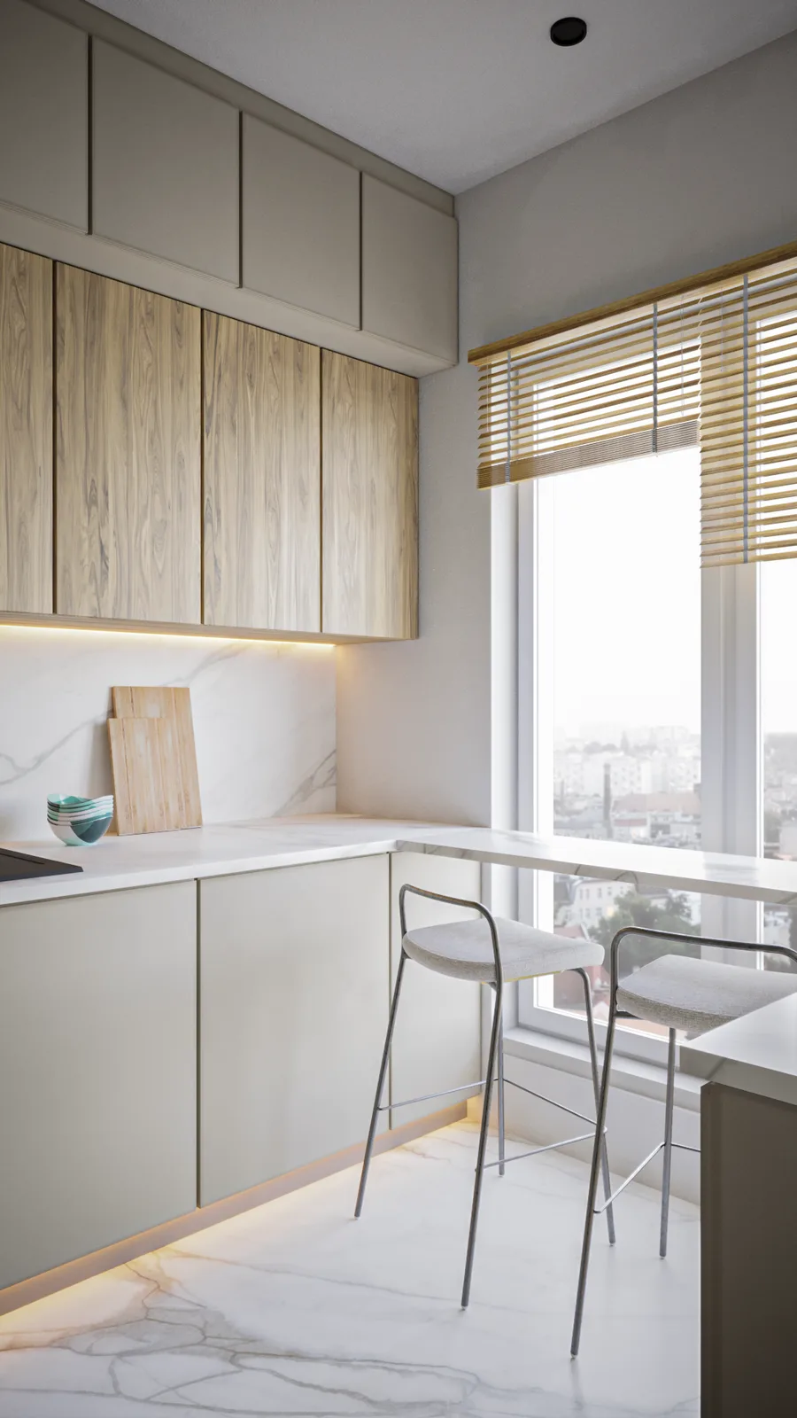 Kitchen breakfast bar corner render with oak upper cabinets, Calacatta marble backsplash and countertop, bamboo Venetian blinds, two grey fabric bar stools, LED toe-kick lighting