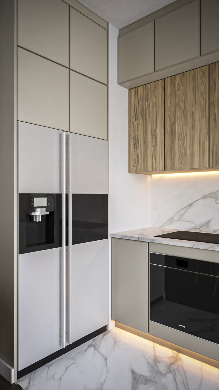 Kitchen appliance wall render with American-style side-by-side fridge, built-in oven, flush-mount induction cooktop, oak upper cabinets, marble backsplash, and LED under-cabinet lighting