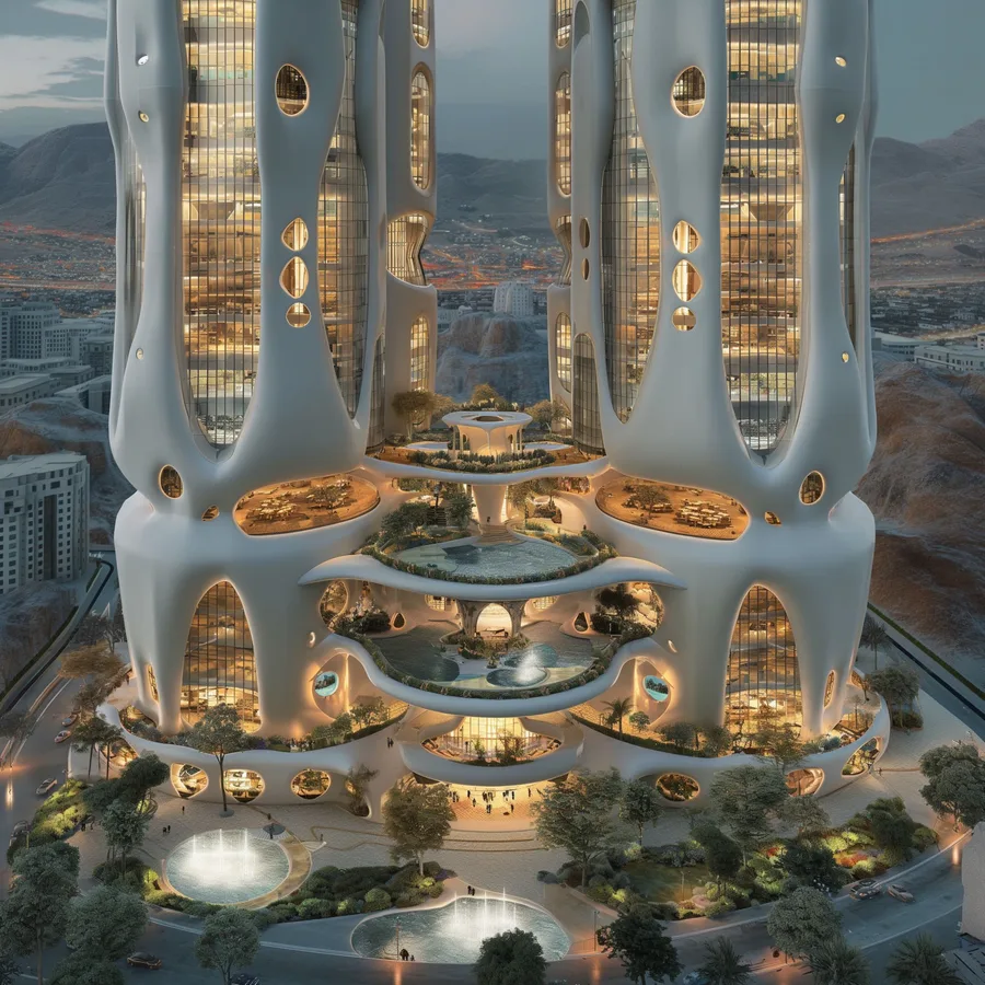 Render: tower facade close-up showing continuous white shell curvature meeting curved glazing band in parametric design language