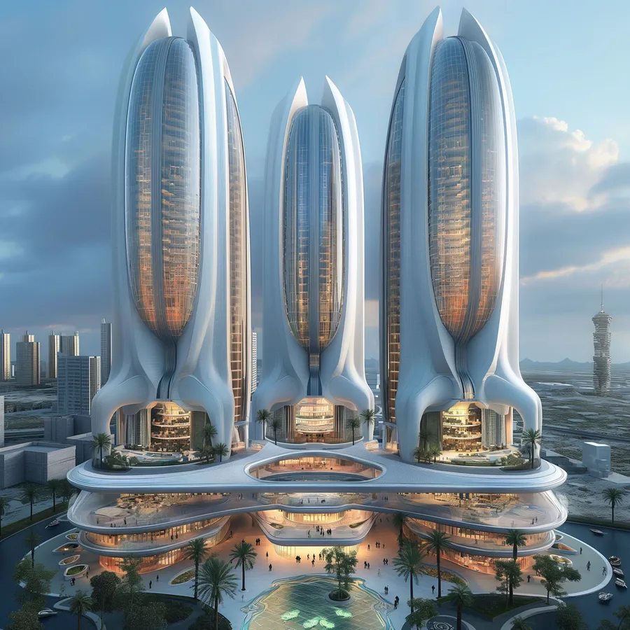 Render: three petal-shaped towers with white shells and curved glazing rising from sculpted podium with pools, palms, and reflecting water