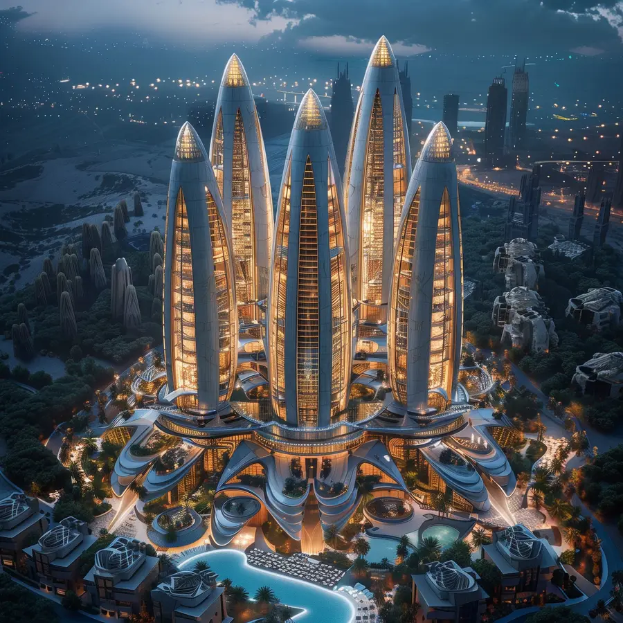 Render: podium level showing resort-like arrival with layered terraces, swimming pools, tropical landscaping, and water features