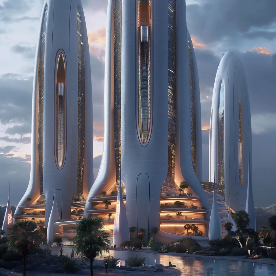 Render: elevated angle showing five ovoid towers on shared podium with pools, green terraces, and dense urban skyline context