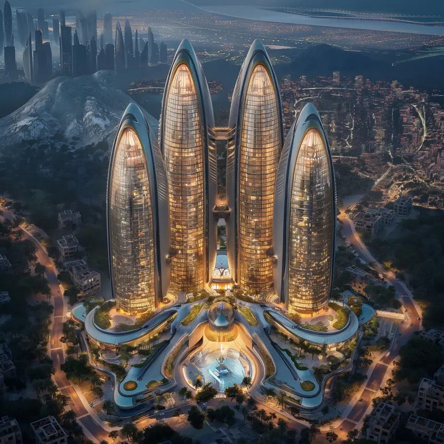 Render: coastal site variation with towers reflected in water, landscaped grounds, and warm sunset atmosphere