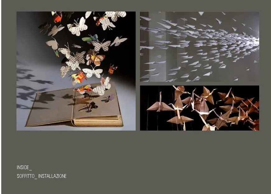 Design Evolution: ceiling installation references showing paper butterflies from open book, paper airplane formations, and origami crane sculptures