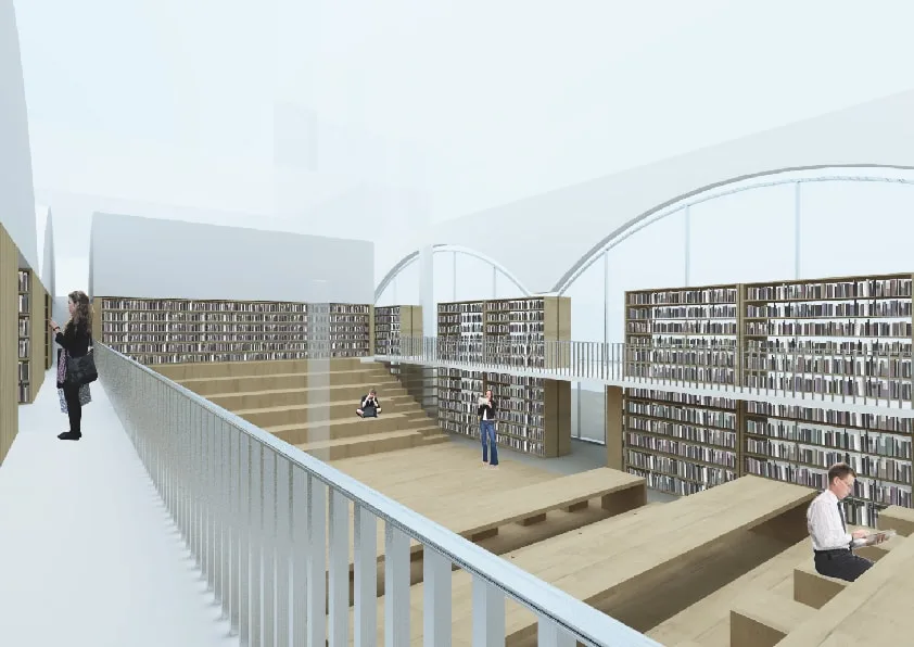 Interior: render from passerelle walkway looking across the gradonata stepped oak seating toward floor-to-ceiling bookshelf walls under the arched concrete vault