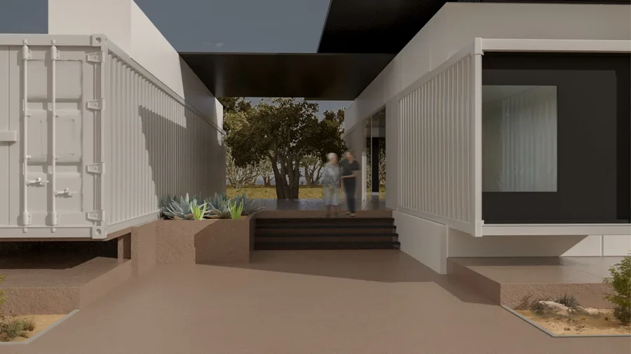 Render: compact clinic interior view showing clinical treatment spaces within the container module with natural daylight and white surfaces