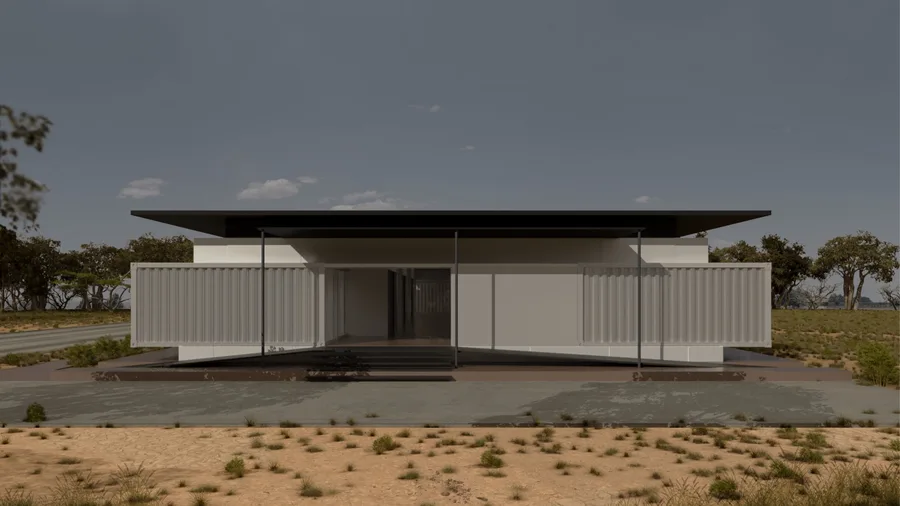 Render: compact clinic side elevation showing the linear bar form with punched window openings, deep roof overhang, and surrounding landscape