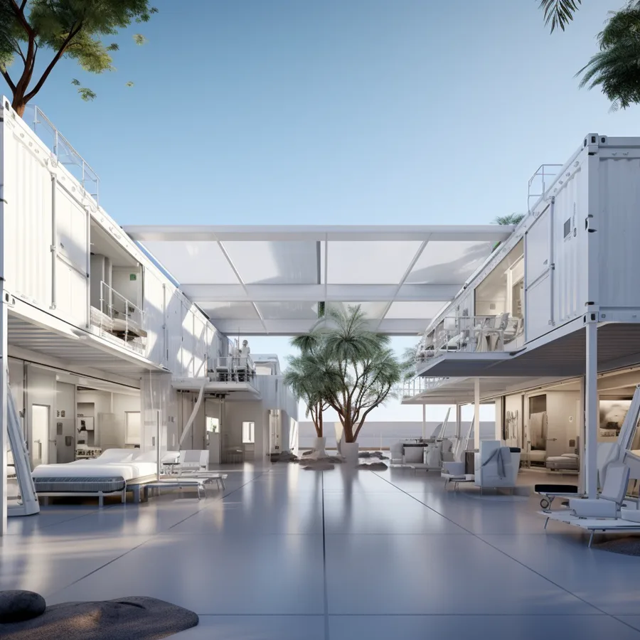 Render: Concept 1 title page showing the container-based modular hospital project overview and design intent
