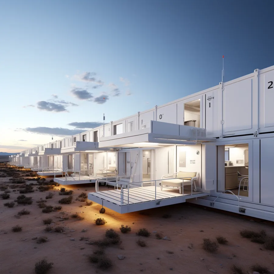 Render: campus village site plan showing the arrangement of parallel container module bars around a central courtyard with covered walkways