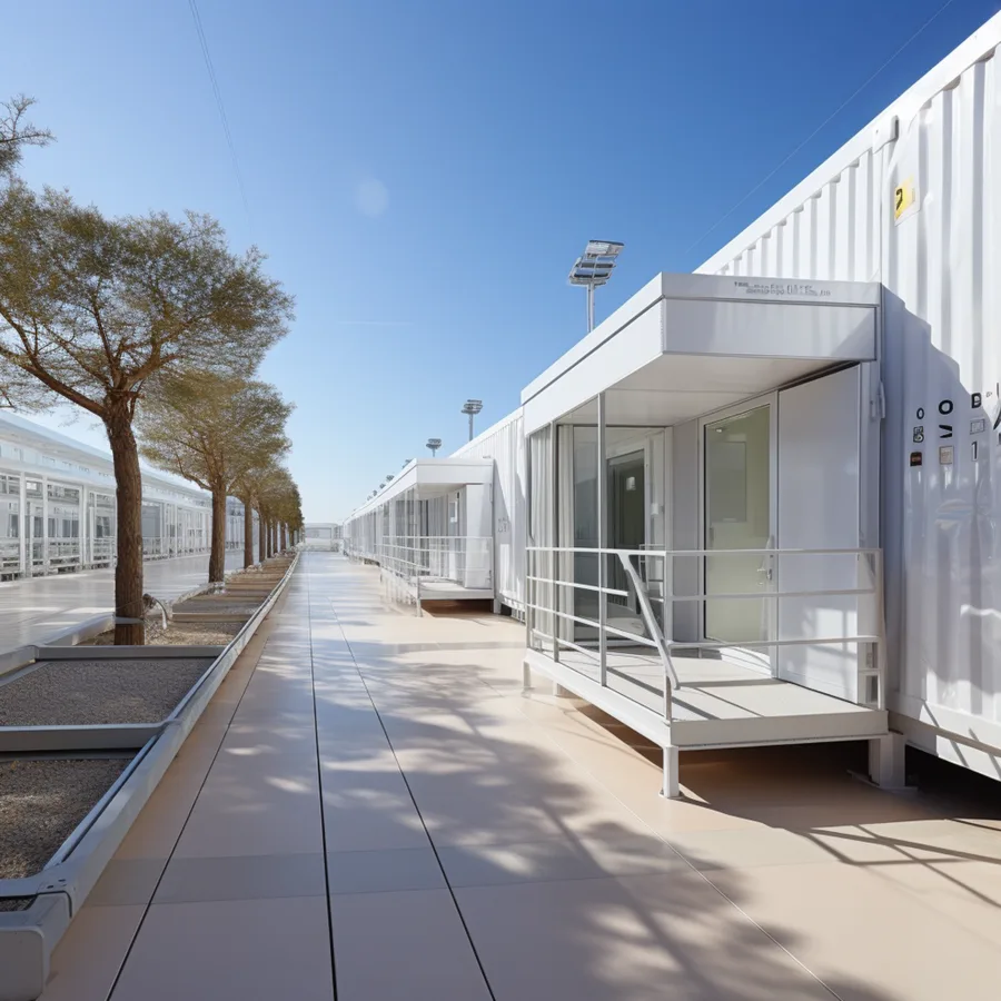 Render: campus village ground-level view showing shaded promenade between container module rows with structural frame rhythm and seating areas