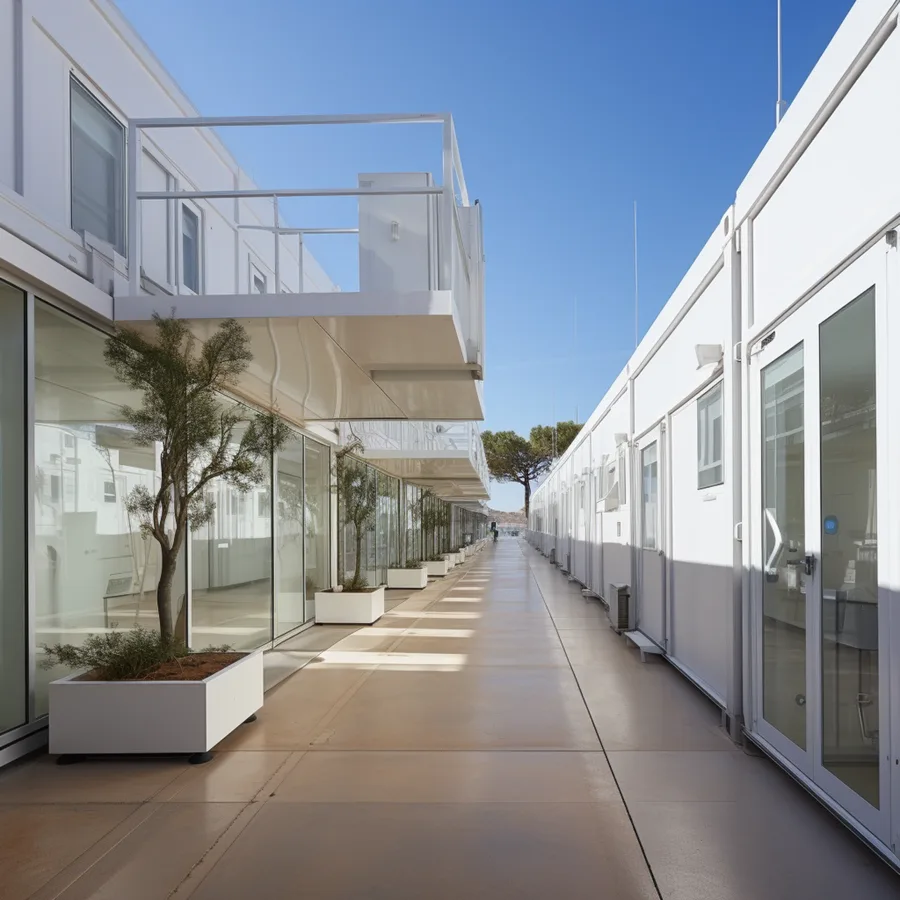 Render: campus village courtyard perspective showing the central covered gathering space between two-storey container module blocks