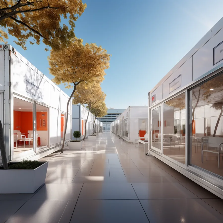 Render: campus village module assembly showing the construction sequence from container frame to finished clinical unit with white cladding