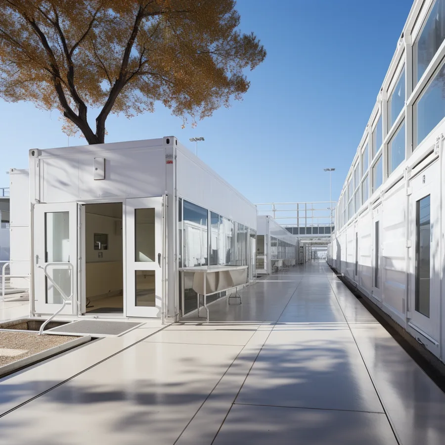 Render: campus village shaded walkway detail showing deep roof canopy structure on thin columns providing solar protection for circulation routes