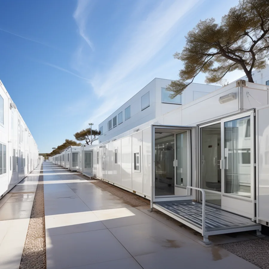 Render: campus village covered outdoor area showing filtered daylight through canopy structure with container module clinical spaces beyond